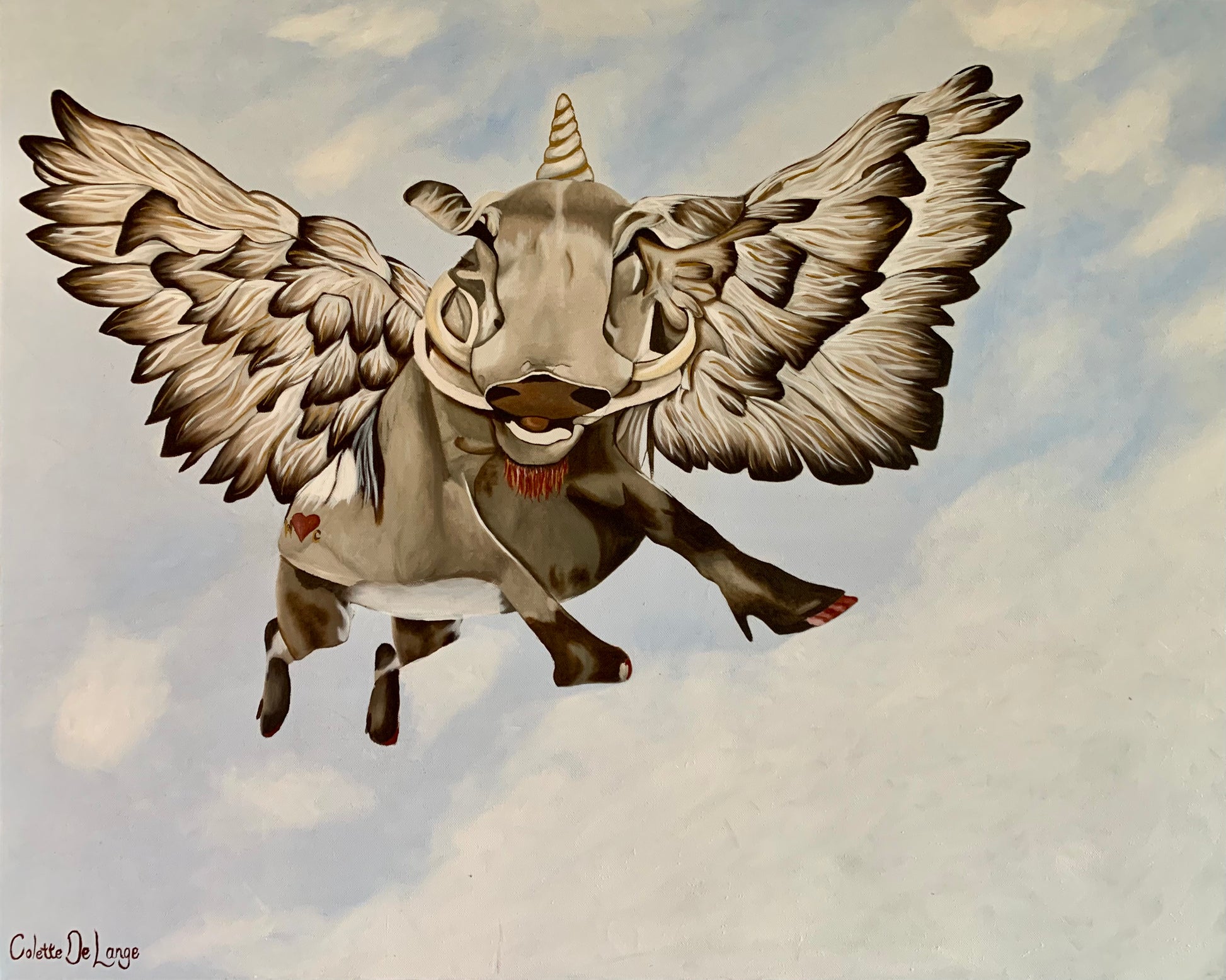 Illustration of a bushpig or warthog with wings flying through the sky.