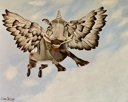 Illustration of a bushpig or warthog with wings flying through the sky.
