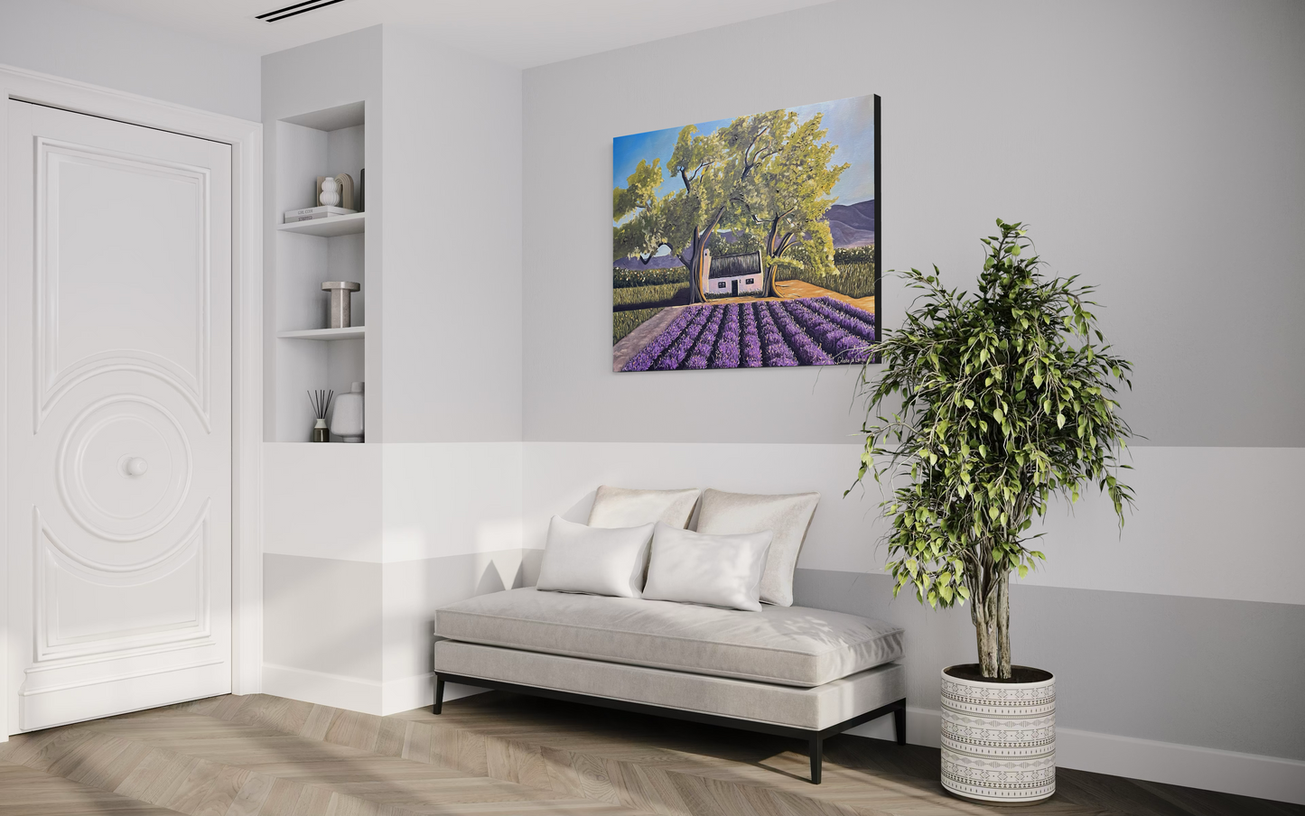 Modern living room with a daybed, plant, and wall art depicting a house with lavender fields.