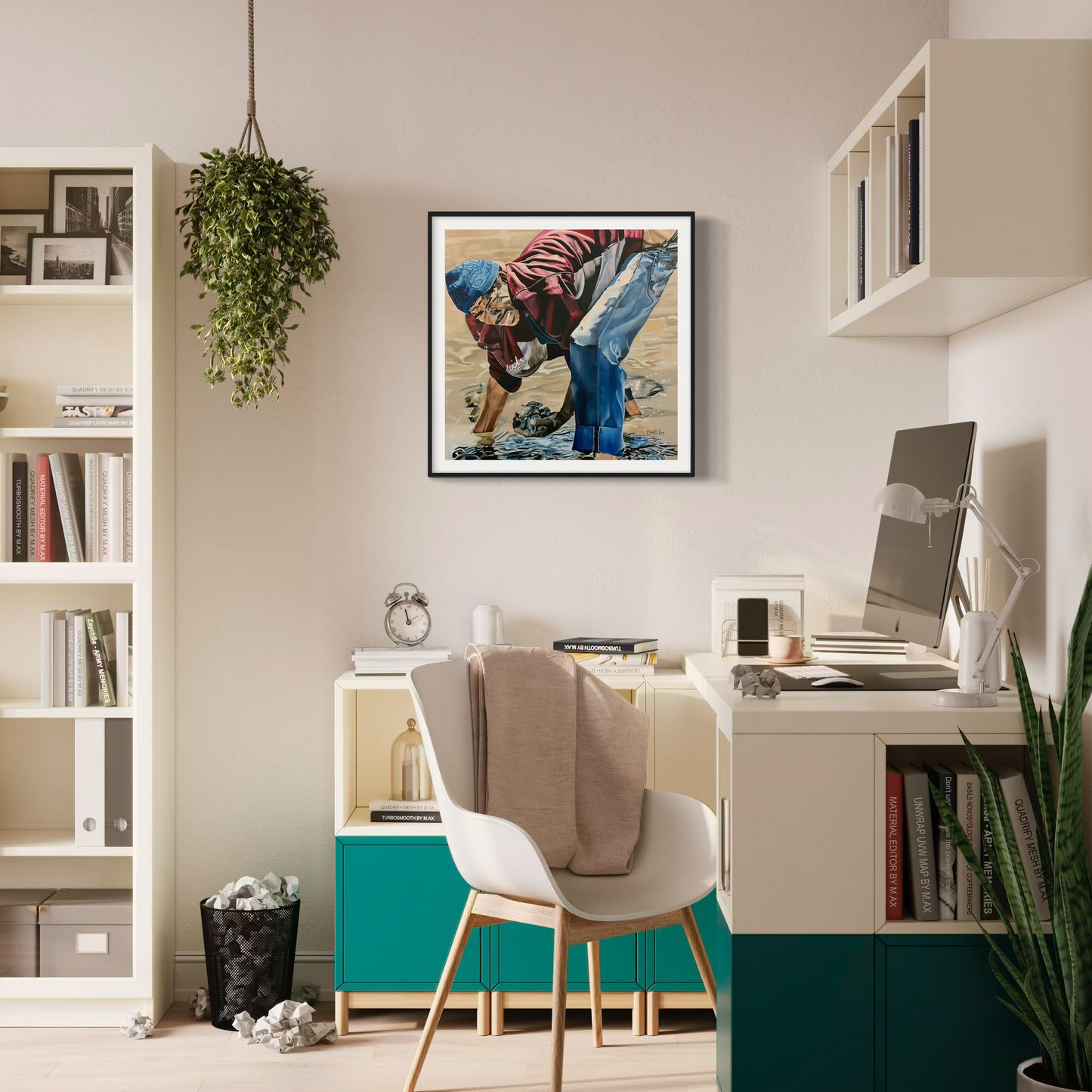 Modern home office with desk, chair, bookshelves, and decorative elements with a painting of a man harvesting oysters to make a living.