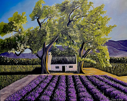 Painting of a white house nestled among trees with a lavender field in the foreground.