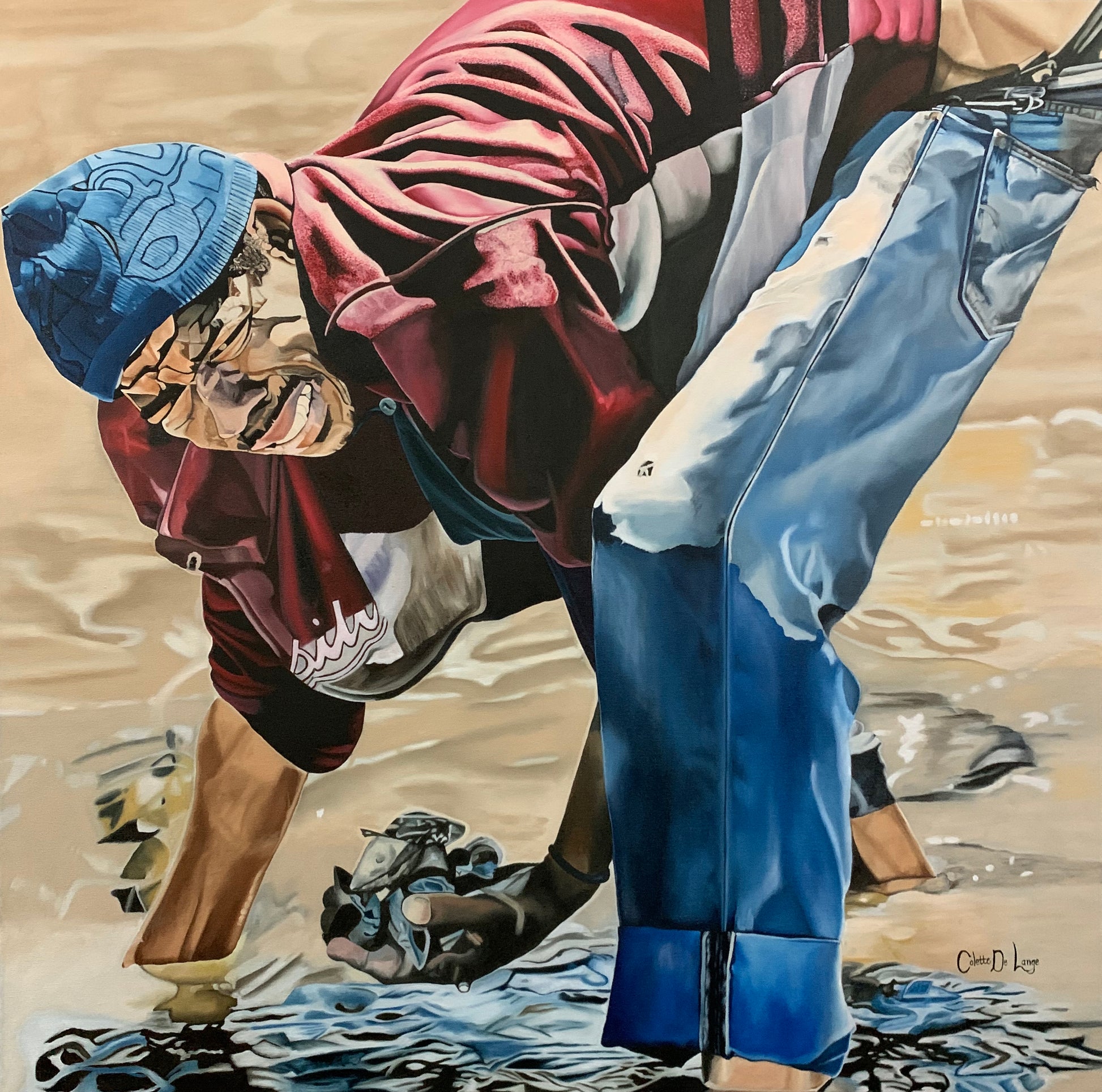 Painting of a person wearing a red jacket, blue jeans, and a blue beanie searching for oysters in the sand.